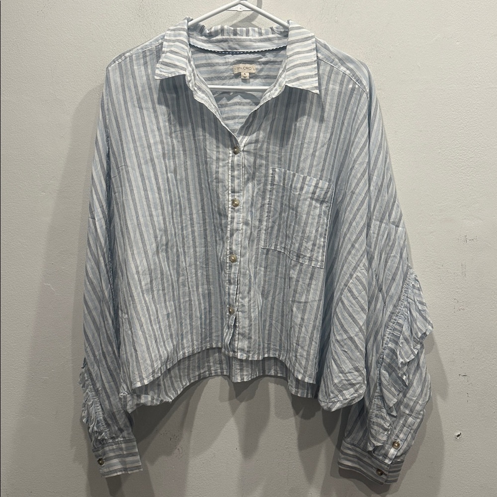 Anthropologie Pilcro batwing cropped stripe Button down blue white  XL ruffle - Picture 4 of 12